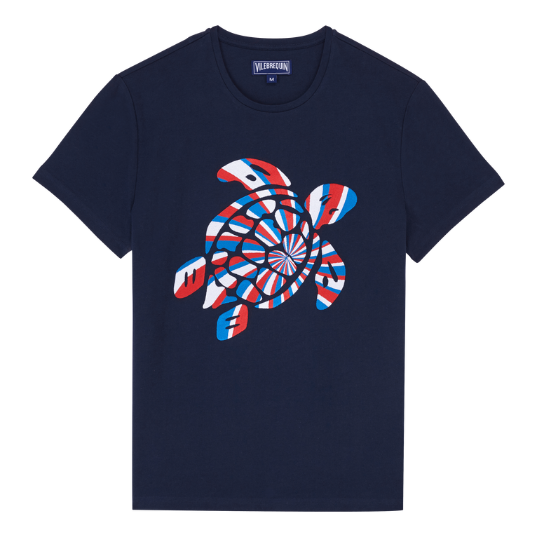 T-shirt En Coton Organique Homme Tortue Tricolore Brodée - Thom - Bleu