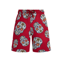 Boys Stretch Red Swim Shorts Día de Muertos Lipstick front view