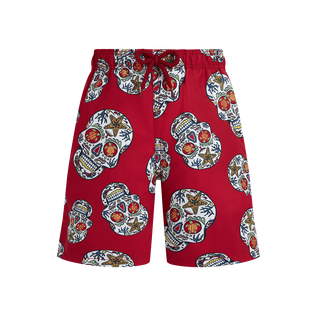 Boys Stretch Red Swim Shorts Día de Muertos Lipstick front view