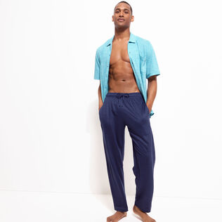 Pantalón unisex de lino de color liso Azul marino vista frontal desgastada