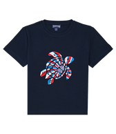 T-shirt en coton organique garçon Tortue tricolore brodée Bleu marine vue de face