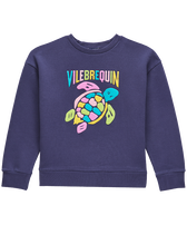 Sweatshirt col rond fille multicolore broderie placée Turtle Bleu marine vue de face