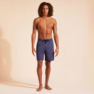 Men Long Stretch Swim Trunks Micro Ronde Des Tortues Rainbow Navy front worn view