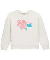 Felpa girocollo bambina con ricamo Hibiscus Off white vista frontale