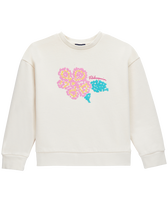 Girls Round-Neck Sweatshirt Hibiscus Embroidered Off white front view