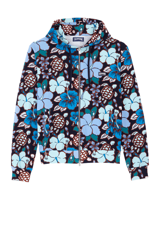 Men Cotton Full Zip Hooded Sweatshirt Tropical Turtles - Maronais - Blue - Size XL - Vilebrequin
