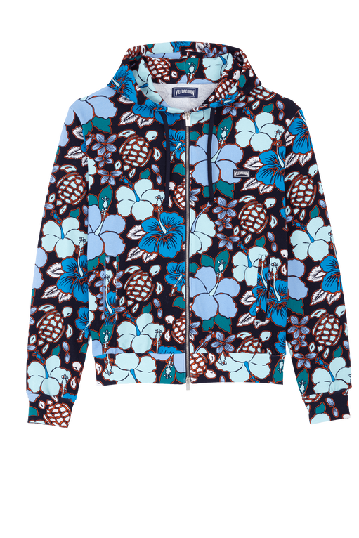 Men Cotton Full Zip Hooded Sweatshirt Tropical Turtles - Maronais - Blue