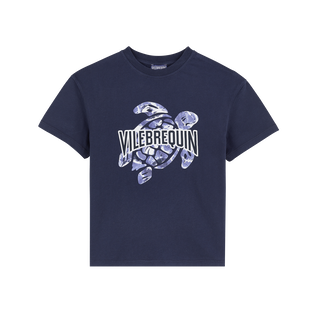 Camiseta de algodón orgánico con logotipo estampado acolchado para niño Azul marino vista frontal