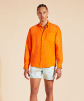 Men Linen Shirt Solid Apricot front worn view