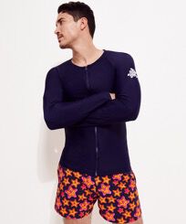 Men Long Sleeves Zipper Rashguard Solid Marineblau Vorderseite getragene Ansicht