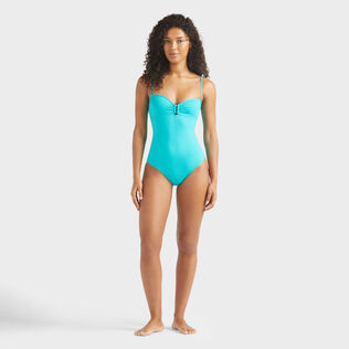 Women One-piece Swimsuit Solid Disco green front worn view