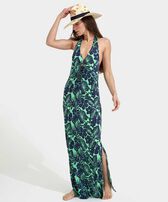 Maxivestido de bikini anudado al cuello con estampado Flowers Paradise para mujer Green paradise vista frontal desgastada