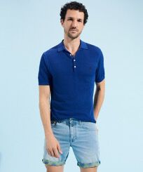 Men Knit Cotton Polo Solid Ultramarine front worn view