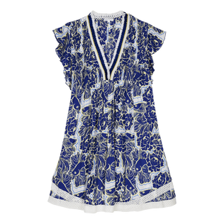 Women Mini Dress Hidden Fishes - Vilebrequin x Poupette St Barth Purple blue front view