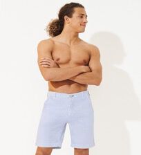 Men Cotton Bermuda Shorts Micro Flower White front worn view