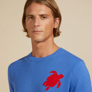 Men Cotton and Cashmere Crewneck Sweater Turtle Sea blue details view 2