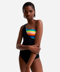 Costume intero donna asimmetrico a fascia Rainbow - Vilebrequin x JCC+ - Edizione limitata Multicolore vista frontale indossata