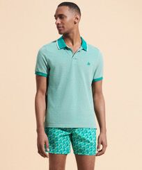 Men Cotton Pique Polo Shirt Solid Emerald front worn view