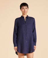 Women Long Linen Shirt Solid Navy front worn view