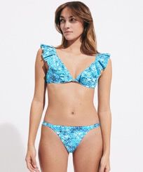 Braguita de bikini de corte tanga con estampado Flowers Tie & Dye para mujer Azul marino vista frontal desgastada
