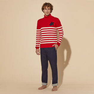 Men Striped Cotton and Cashmere Turtleneck Pullover Jacquard Tortue Red front worn view