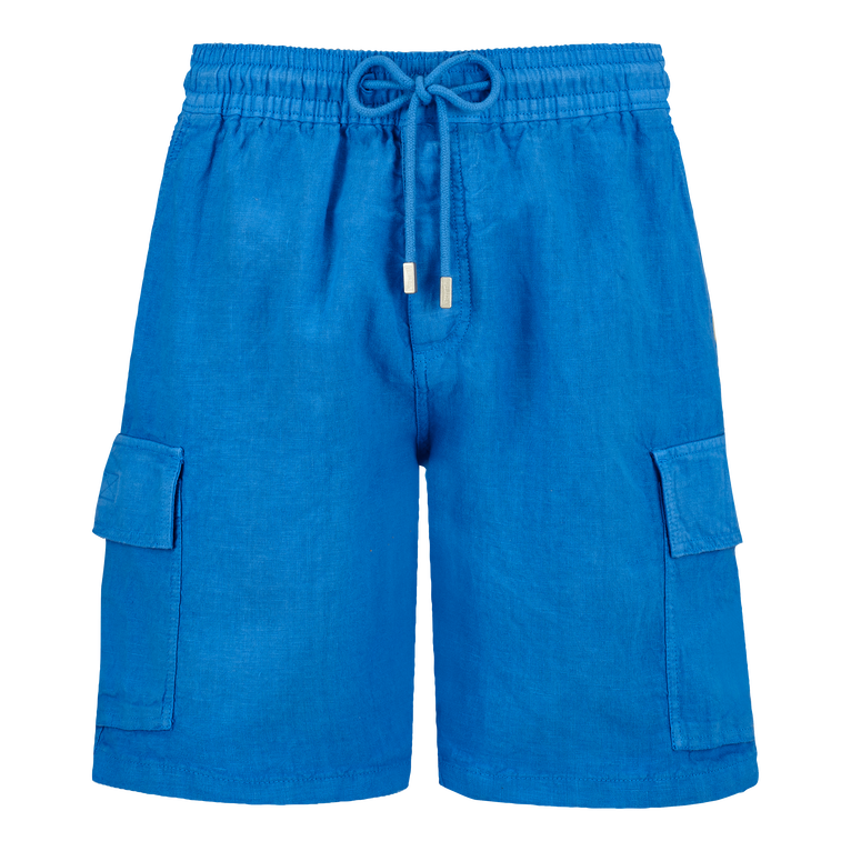 Men Linen Bermuda Shorts Cargo Pockets - Bermuda - Baie - Blue - Size XXL - Vilebrequin