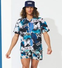 Men Linen Bowling Shirt Californian Pool Dogtown - Vilebrequin x Highsnobiety Blue note front worn view