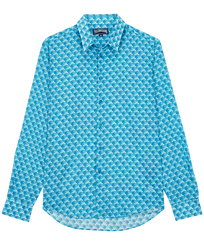 Others Printed - Unisex Cotton Voile Summer Shirt Micro Waves, Lazulii blue front view