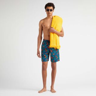 Men Stretch Long Swim Trunks Tropical Flowers Navy details view 1