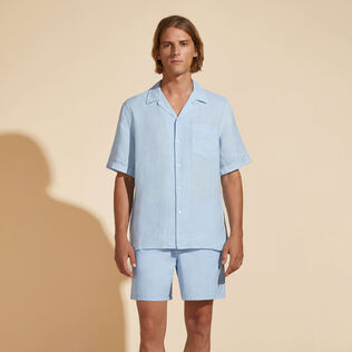 Men Linen Bowling Shirt Solid - Vilebrequin x Highsnobiety Chambray front worn view