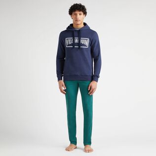 Men Cotton Hoodie Sweatshirt Solid Navy front worn view
