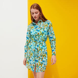 Robe Chemise en coton femme Butterflies Lagon vue portée de face