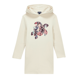 Girls Hooded Long Sleeves Dress Ikat Turtle Off white front view