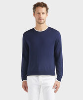 Pullover en laine mérinos cachemire soie ras-du-cou homme Bleu marine vue portée de face