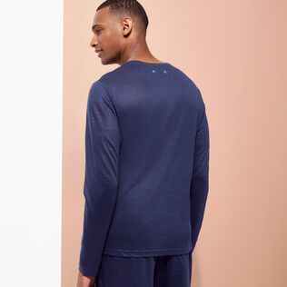 Unisex Linen Long Sleeves T-shirt Solid Navy back worn view
