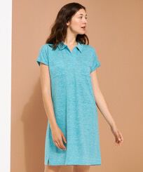 Women Linen Long Polo Dress Solid Heather azure front worn view