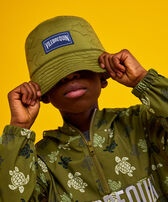 Kids Reversible Bucket Hat Ronde des Tortues Camo Khaki front worn view