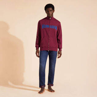 Men Full Zip Sweatshirt Embroidered Velvet Logo Crimson purple front worn view