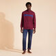 Men Front Zip Sweatshirt Embroidered Logo Velvet Starlettes Crimson purple front worn view