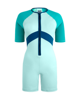 Women Short Rashguard One-piece Swimsuit Tricolore Blue note front view