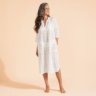 Broderies Anglaises Baumwolltunika für Damen Off white Vorderseite getragene Ansicht