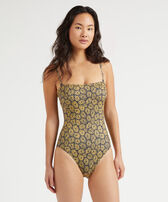 Bañador estilo Bustier de una sola pieza con estampado Carapaces para mujer Azul marino vista frontal desgastada