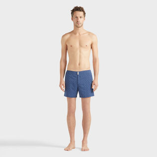 Men Flatbelt Swim trunks Fish Net Navy front worn view