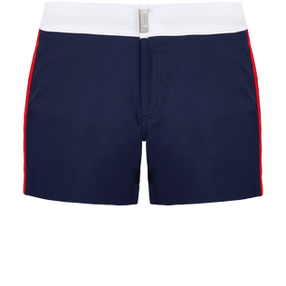 Color Block Stretch-Badeshorts mit flachem Bund für Herren Marineblau Vorderansicht