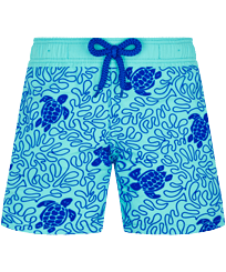 Boys Swim Trunks Turtles Splash Flocked Lazulii blue front view