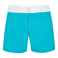 Pantaloncini mare uomo elasticizzati con cintura piatta Color Block Blu curacao vista frontale