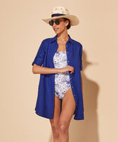 Women Linen Shirt Dress Solid Ink front worn view