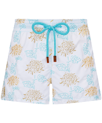 Pantalón corto de baño iridiscente bordado con estampado Flowers of Joy para mujer Blanco vista frontal