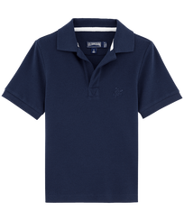 Polo garçon en piqué de coton uni Bleu marine vue de face