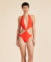 Jacquard Vichy Trikini-Badeanzug für Damen Mohnrot Vorderseite getragene Ansicht